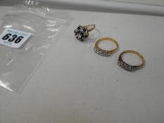 A 9ct yellow gold floral diamond & sapphire cluster ring , 3.6gms together with a five-stone