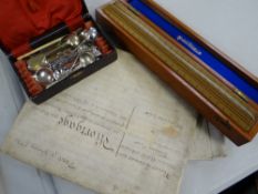 A parcel of flatware, a cased set of vintage rulers & manuscripts