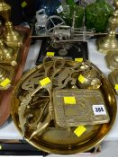 A parcel of brassware including a Christmas 1914 tobacco tin & a model of an 1804 steam locomotive