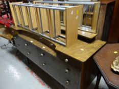 A vintage mirrored long dressing table, metal & wood shelving unit, a small hardwood topped brass