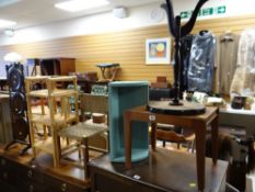 A parcel of small furniture items, tripod table, cane, shelving unit etc