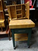 A modern pine topped butcher's block together with a small pine hanging shelf