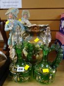 A pair of decorative glass jug decanters, pair of continental figurines etc