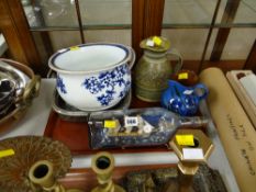 A ship in bottle, a chamber pot & three items of pottery