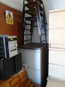 Parcel of items to include three-drawer metal filing cabinet, four vintage metal legged wooden