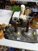 Pair of pewter & barley-twist candlestick holders, a parcel of mixed items including oil lamps