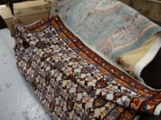 A Turkish rust & cream patterned rug together with a Chinese green washed rug & a vintage mosaic