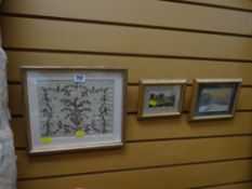 An antique needlework & sequinned panel together with two framed pictures