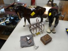 A Beswick standing brown horse with white socks together with another pottery shire horse, an EPNS
