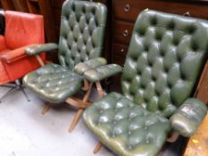 A pair of vintage buttoned green leather adjustable reclining elbow chairs & matching footstool