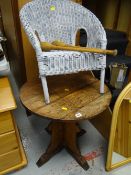 Vintage circular oak side table together with a small child's wicker chair & a pair of Indian