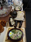 A parcel of modern ornaments, plaques, vintage doll etc