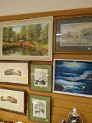 Seven framed pictures including a cricket scene