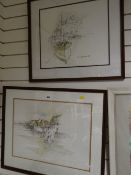 A framed watercolour of three children outside thatched buildings, indistinctly signed together with