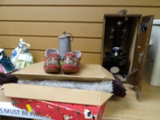 A vintage microscope in a case, a souvenir knife, fur stoles etc