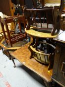 Reproduction polished wood long John coffee table together with two wooden magazine racks / side