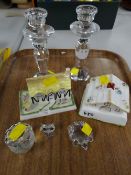 Three Swarovski crystal glass animals, a pair of modern crystal candlestick holders & two Coalport