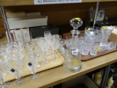 A heavy quality etched glass bell-shaped decanter & a quantity of drinking glasses & cut glass bowls