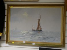 Framed oil on canvas of 'Thames Barge' at sea signed by Vic Ellis