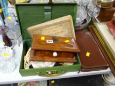 A pitch pine desk stand together with ladies' accessories, a lizard skin sewing case etc