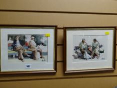 A pair of framed watercolours of seated figures on benches, initialled A R