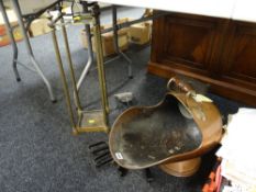 A brass stick stand & sundry fireside metalware including copper scuttle