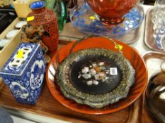 A mother-of-pearl & lacquer ware cake stand, a lacquer bird plate, soapstone figure etc