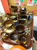 A quantity of copper lustre jugs & five items of glassware including three being antique cranberry