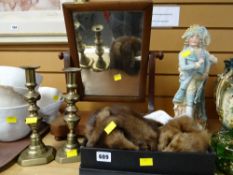 An antique toilet mirror, pair of bronze candlesticks & a fur stole