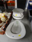 A pottery 'douche pan' & a chamber pot etc