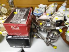 A three-piece EPNS tea set, two boxed cut glass items etc