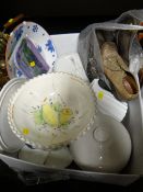 Box containing various kitchen china including cheese dome, covered dishes etc