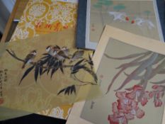 Three Chinese silk pictures (unframed) in a 'Yang Liu Ching Painting House' folder