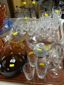 A smoky glass bowl & a quantity of drinking glasses etc