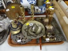 A parcel of Cairo ware & other Islamic metalware together with a pair of twist brass candlestick