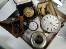 Three pocket watches, two in engraved silver & one with watch holder