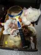 A retro Slazenger tennis racket & sundry dolls, soft toys