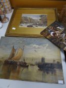 Unframed oil on canvas of a shipping scene, an unframed oil on board of a banquet & another framed