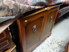 An American lightwood hi-fi cabinet with lion head handles containing integral Teac turntable &