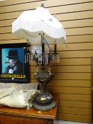 An elaborate metallic & marble drop lustre table lamp & shade E/T