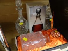 A cased Webb hand cut crystal decanter & three further cut glass decanters