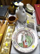 Two Royal Doulton character plates, babycham glasses, various china kitchen ware, Poole coffee pot