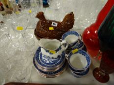 A parcel of willow teaware & a Portmeirion treacle glazed hen-on-nest