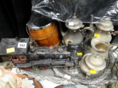 A parcel of electroplate, a polished biscuit barrel & an American steam locomotive model