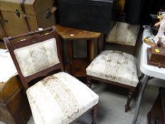 Two Edwardian cushioned hall / dining chairs together with a vintage oak octagonal top side table