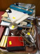 A parcel of boxed & unboxed cutlery, EPNS items together with small parcel of table linen