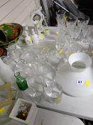 A quantity of glassware, cut glass drinking glasses, pottery dressing table set etc