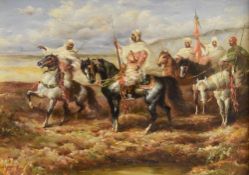 MONOGRAMMED A K oil on board - modern reproduction of Arabian figures on horses, initialled, 19 x