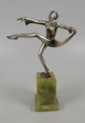 JOSEF LORENZL SCULPTURE OF A DANCER - figure in a high-kick pose on a stepped green onyx base,