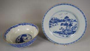 A CHINESE EXPORT BLUE & WHITE LANDSCAPE PLATE together with an Oriental footed bowl